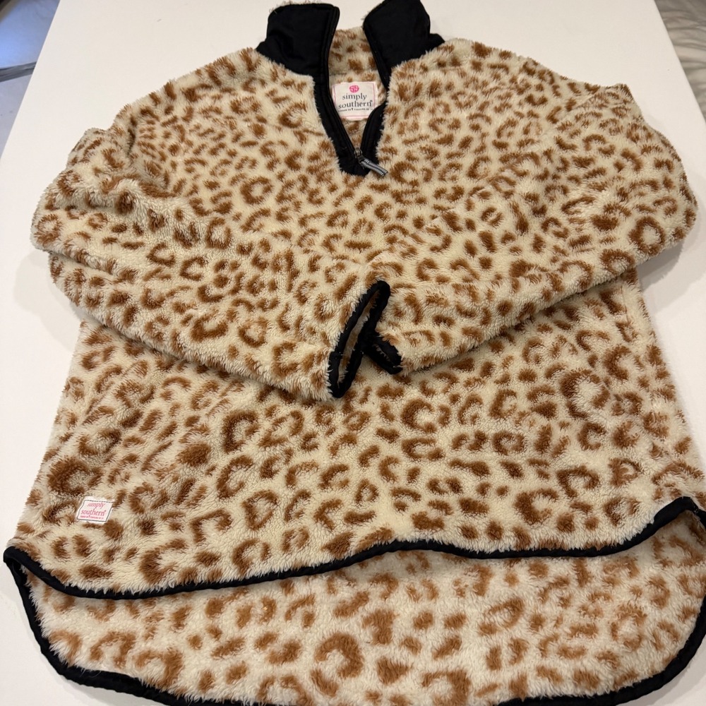 Simply Southern Women Leopard Print Sherpa Fleece Quarter Zip Pullover XL